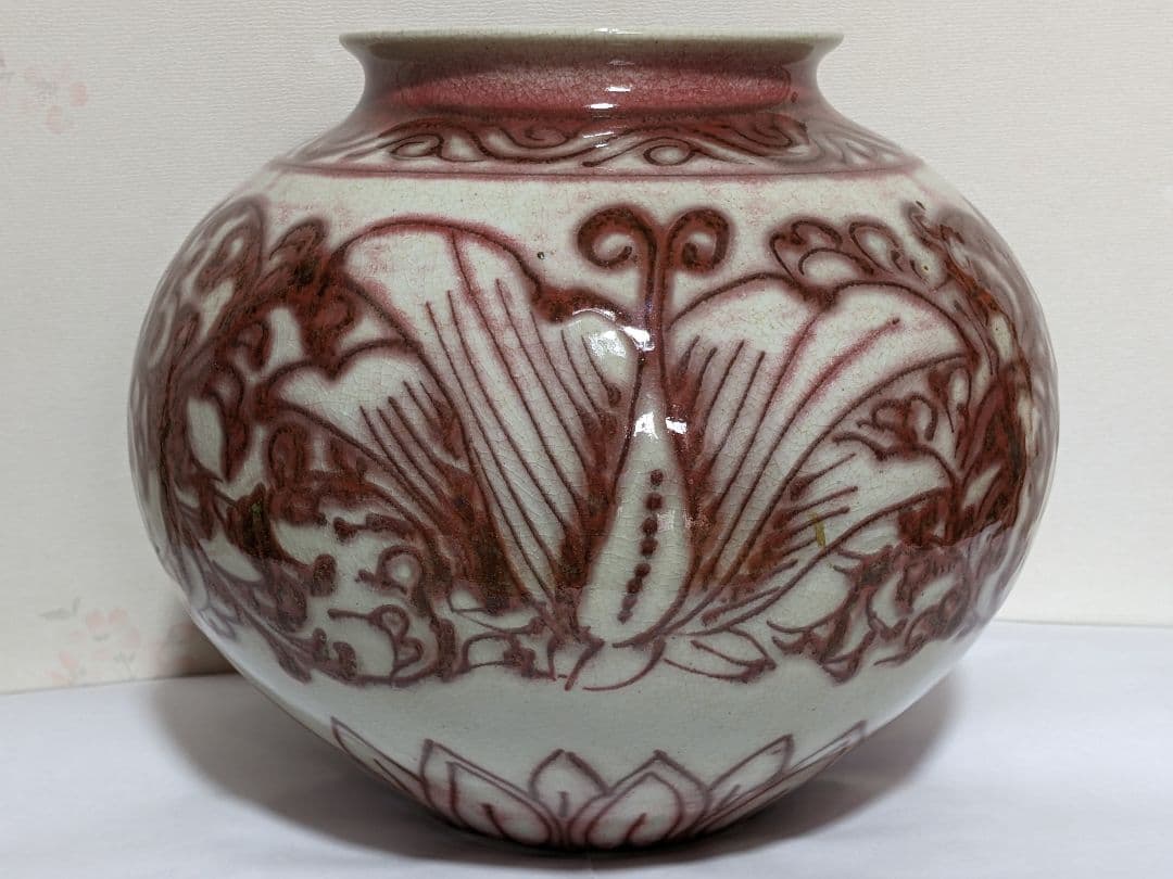 ♦京焼 陶芸家 藤平正文作 辰砂 唐物写し紋様 丸壺 置物 飾り 清水焼 骨董品