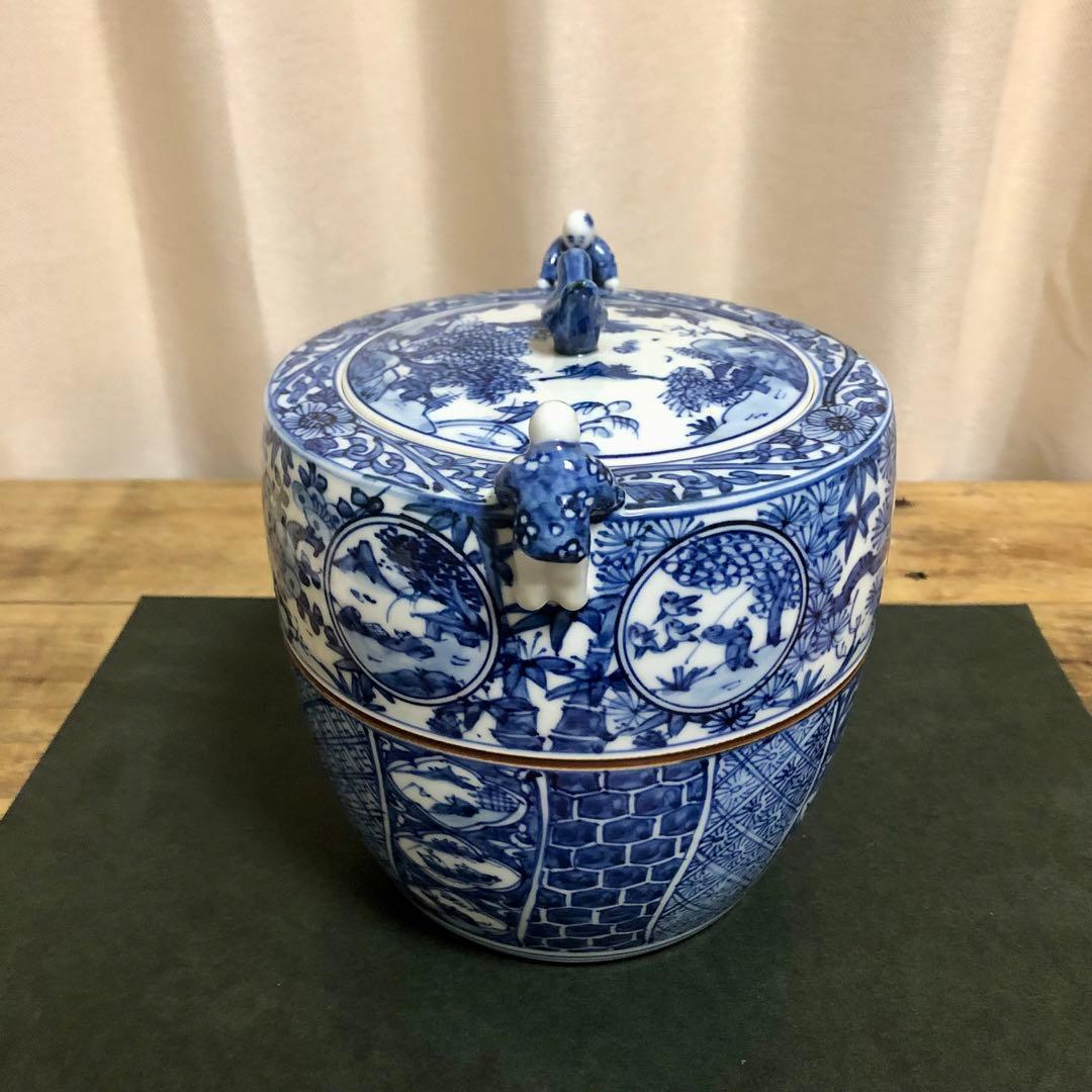 高野昭阿弥 青華祥瑞写二閑人水指 共箱 茶道具