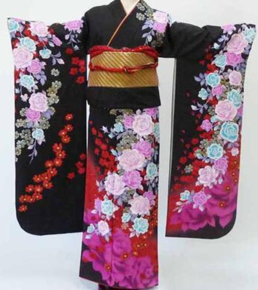 ◉成人式・卒業式・振袖「黒妖艶薔薇」b209　身長 150〜168cm