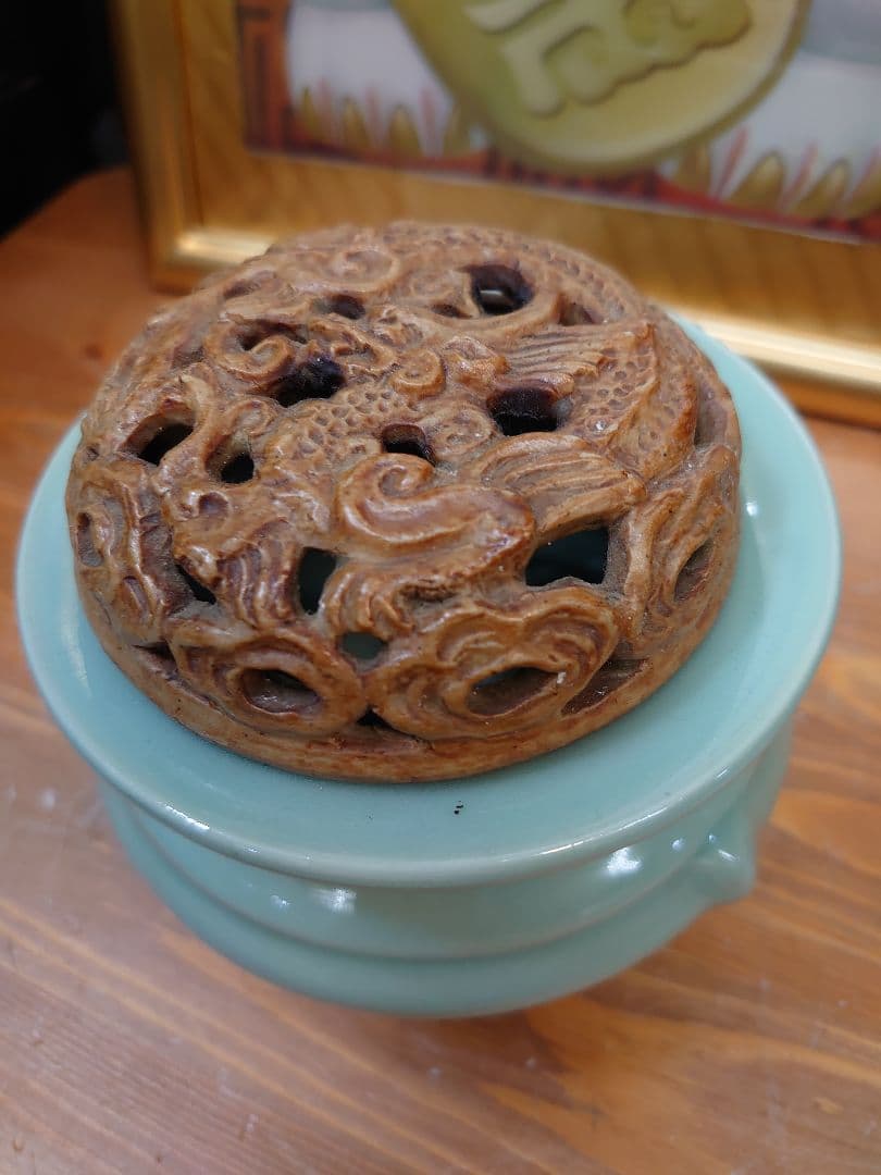 開運 龍 龍神 唐 青磁 雲龍火舎 香炉 骨董品【冨田 輝山作】