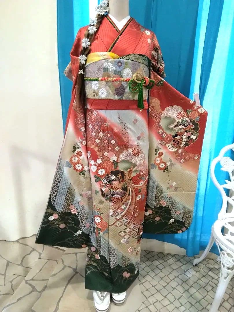【新春】振袖フルセット、正絹振袖成人式、重ね衿帯揚げ帯締め、西陣唐織袋帯、襦袢