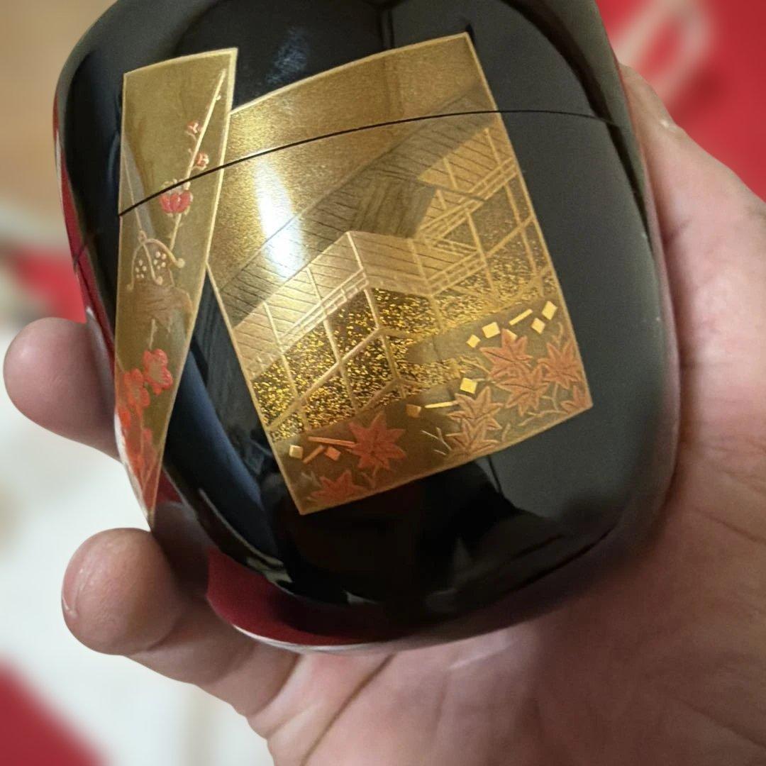 茶道具　棗　内梨子地　誰か袖　蒔絵　前端雅峰作　供箱