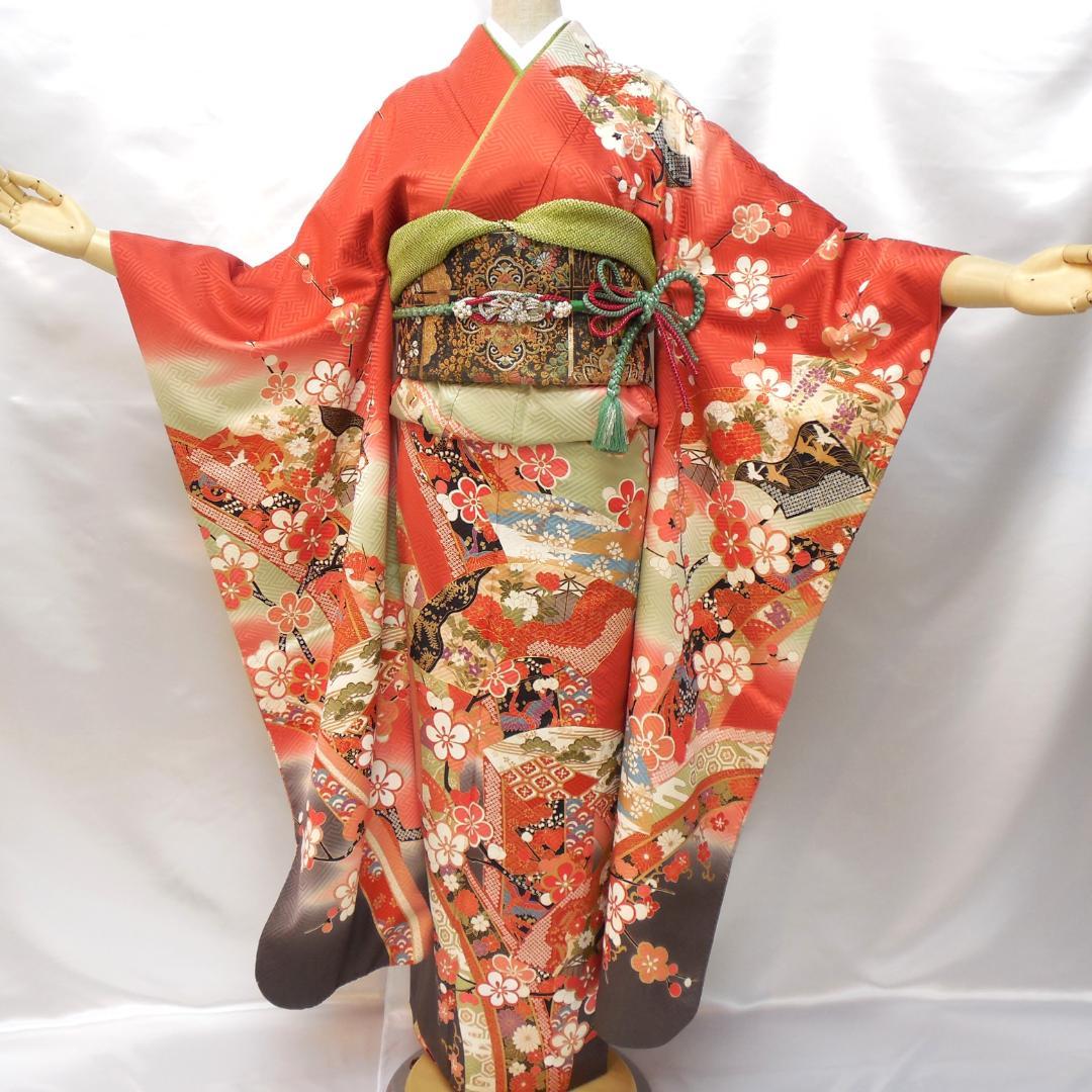 極美品★振袖フルセット　正絹　成人式　振袖　7点　Mサイズ　赤　古典柄　花柄