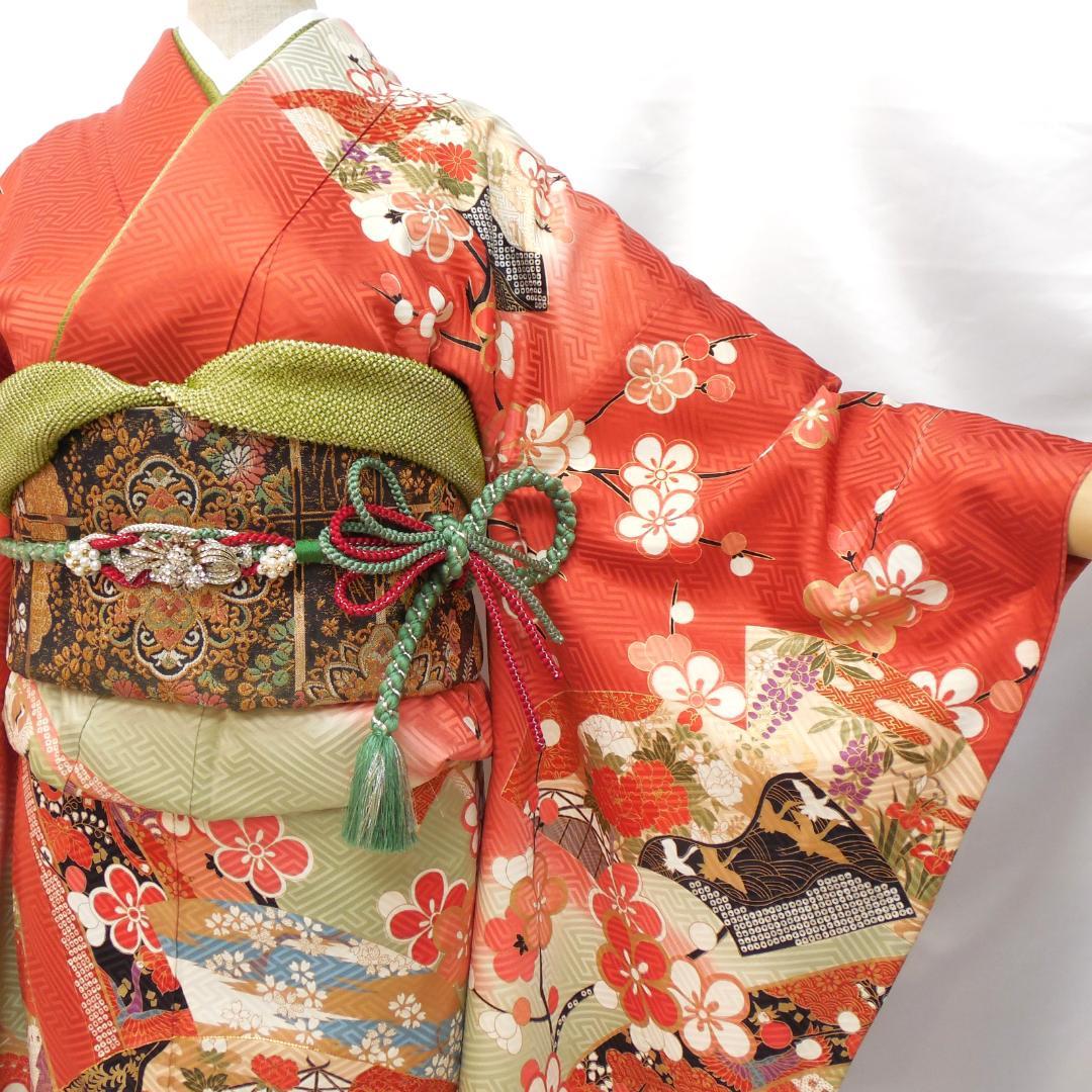 極美品★振袖フルセット　正絹　成人式　振袖　7点　Mサイズ　赤　古典柄　花柄