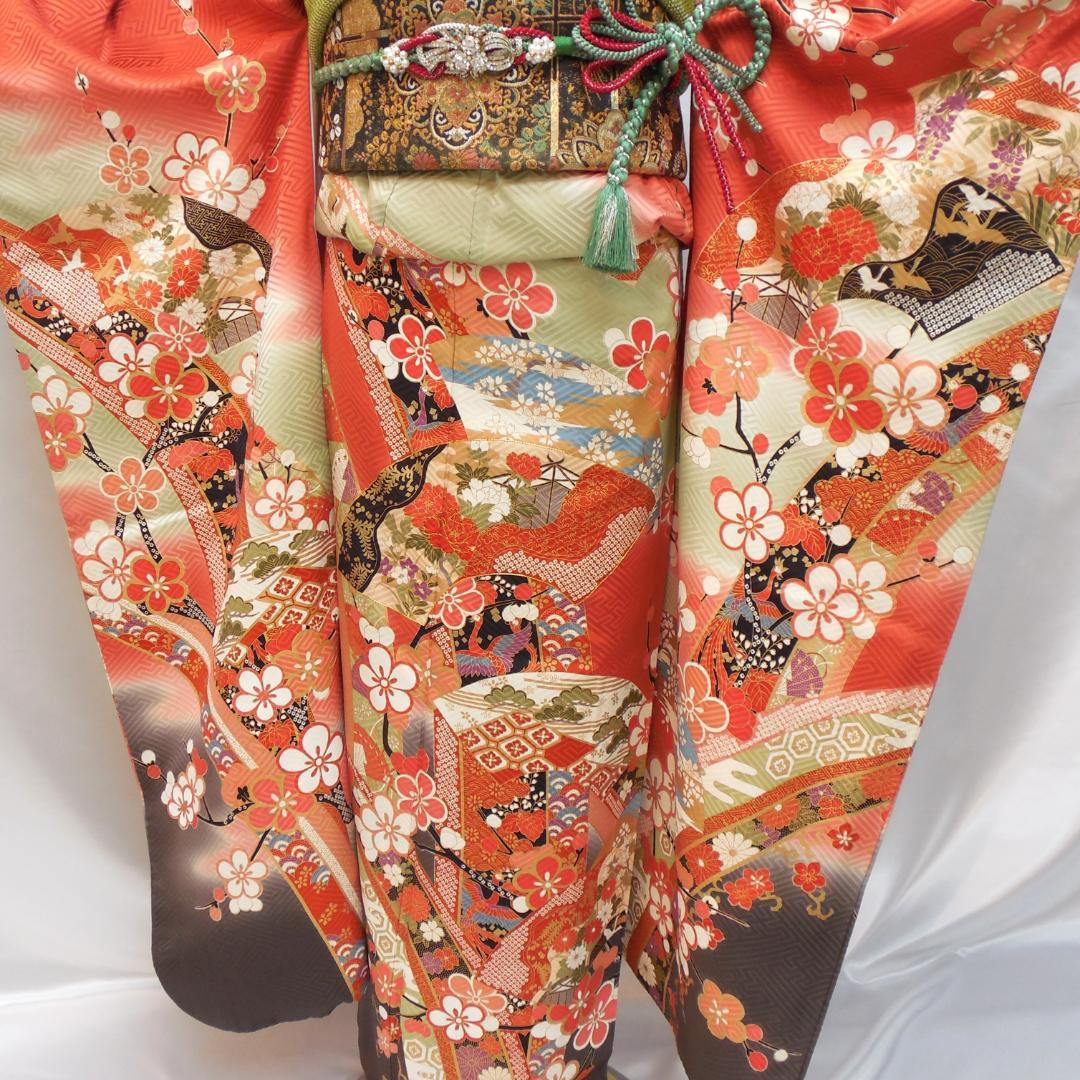 極美品★振袖フルセット　正絹　成人式　振袖　7点　Mサイズ　赤　古典柄　花柄
