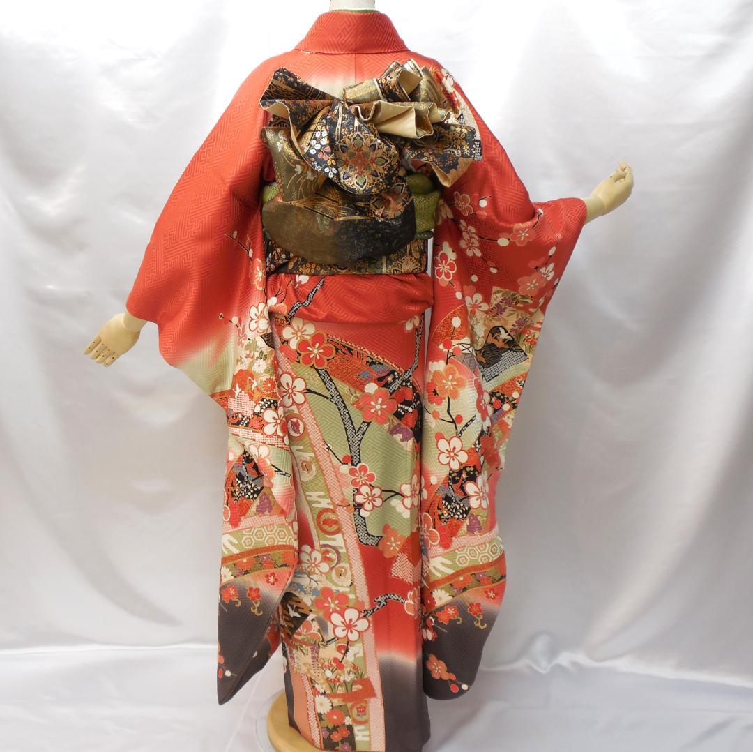 極美品★振袖フルセット　正絹　成人式　振袖　7点　Mサイズ　赤　古典柄　花柄