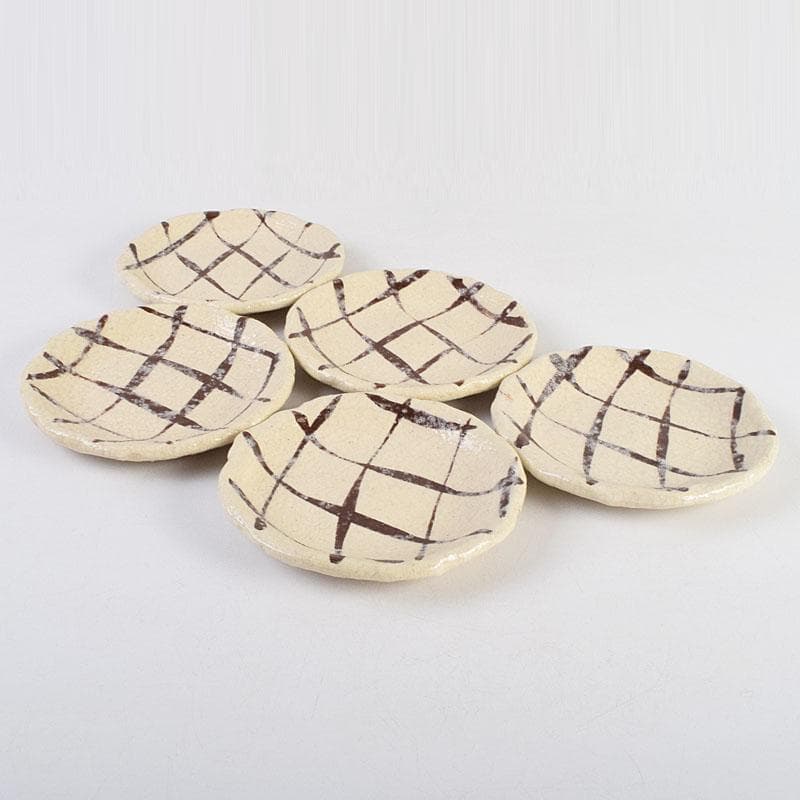 北大路魯山人作　網目文　銘々皿　五客　銘「磯風」　清水公照極め箱　M　R9391