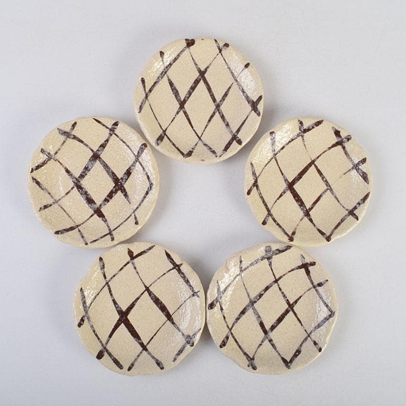 北大路魯山人作　網目文　銘々皿　五客　銘「磯風」　清水公照極め箱　M　R9391