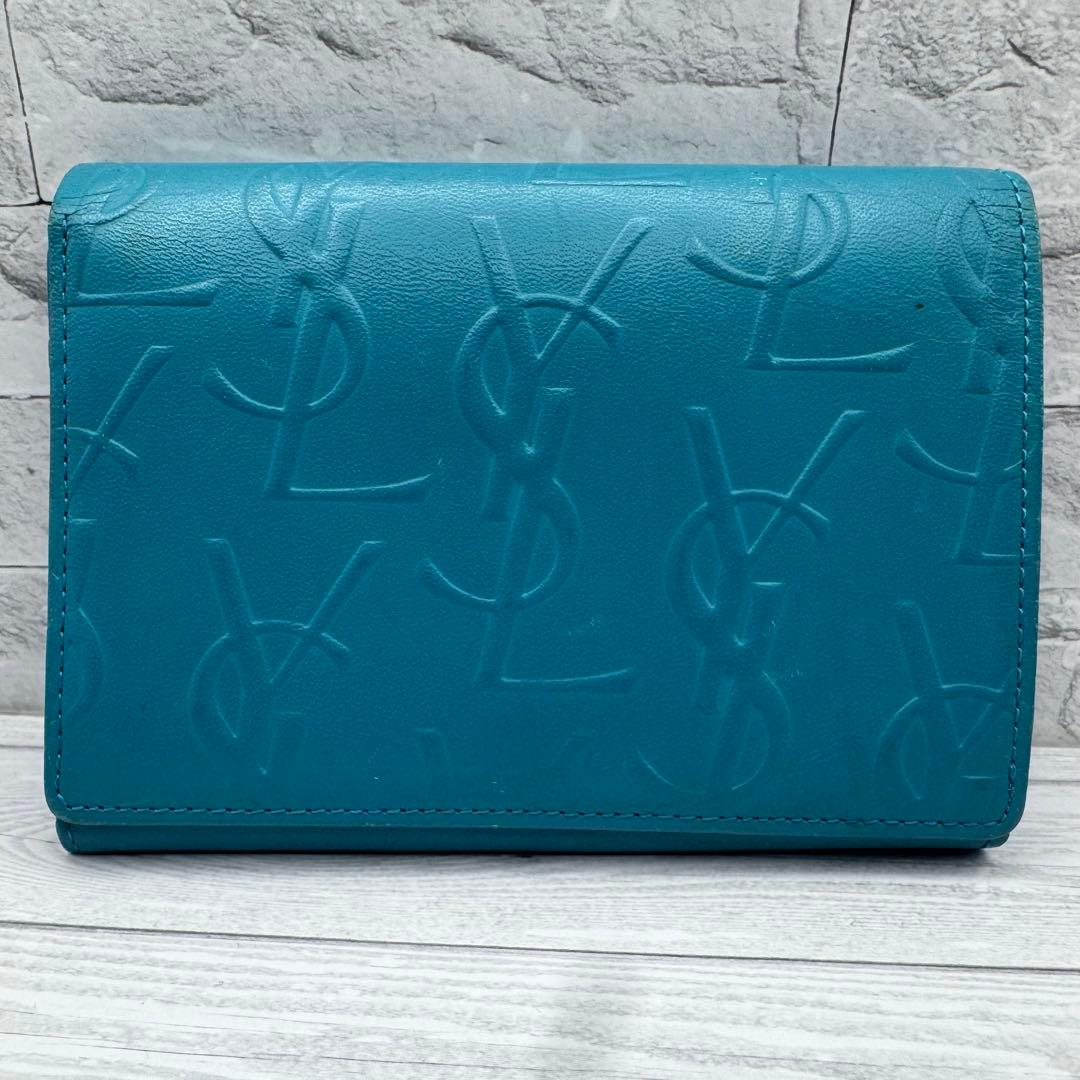 Yves Saint Laurent　二つ折り財布　レザー　ターコイズブルー