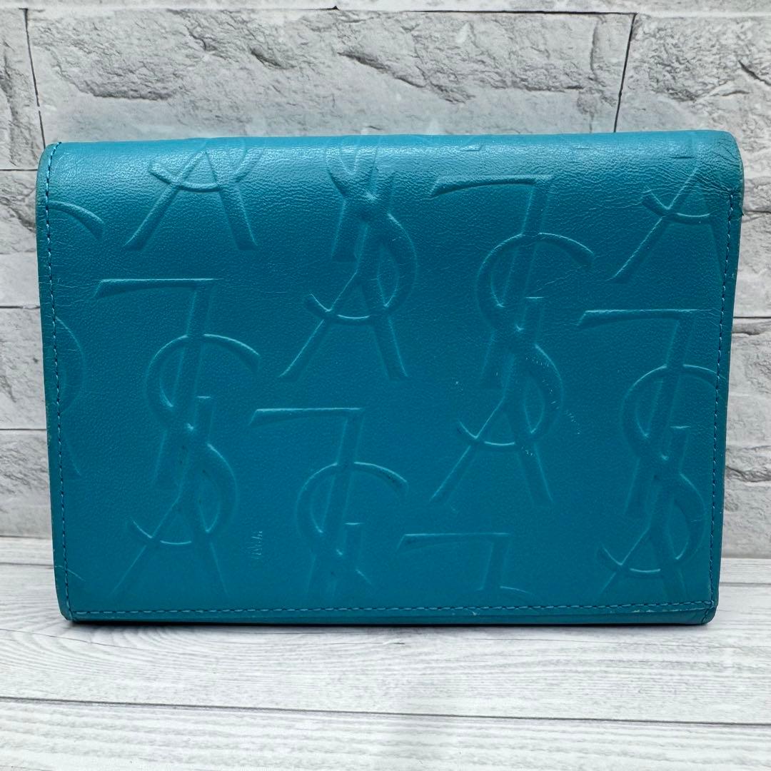 Yves Saint Laurent　二つ折り財布　レザー　ターコイズブルー