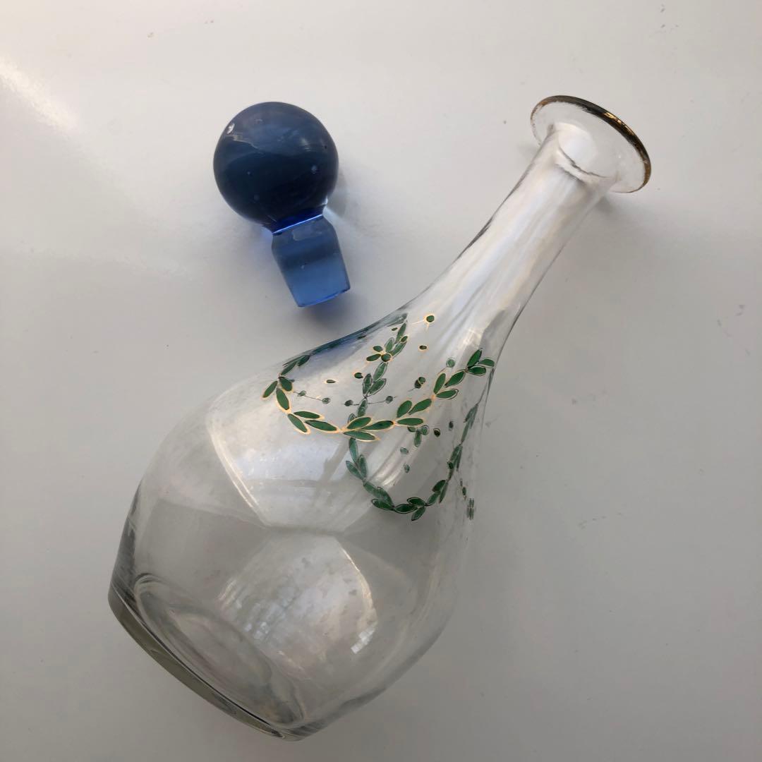 古いデカンタ　ガラス瓶　植物柄　フランス　アンティーク　デキャンタ　no.154