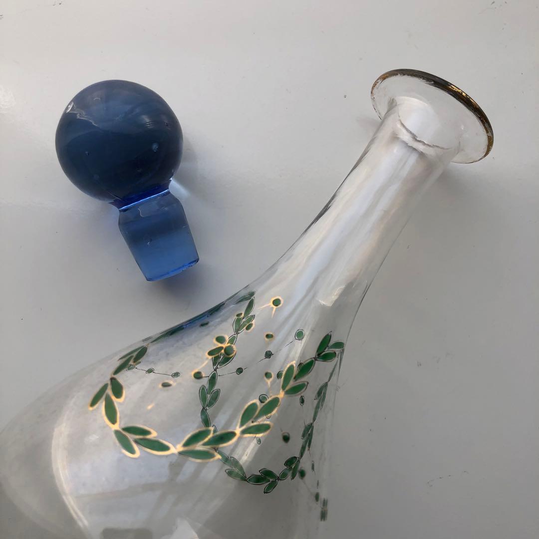 古いデカンタ　ガラス瓶　植物柄　フランス　アンティーク　デキャンタ　no.154