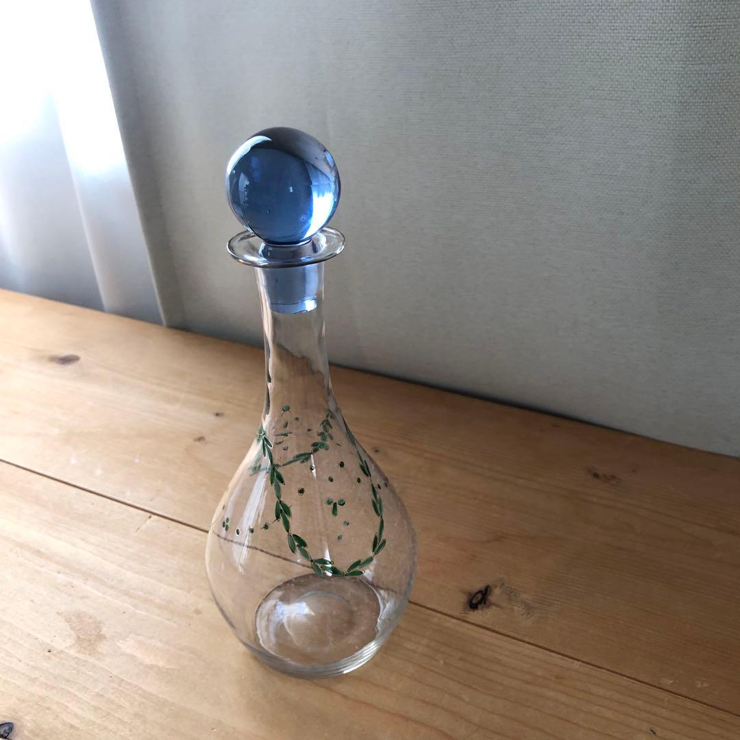 古いデカンタ　ガラス瓶　植物柄　フランス　アンティーク　デキャンタ　no.154