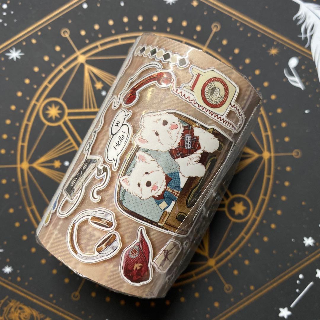 【8877】海外　マステ　5.2m巻売り　合成紙マスキングテープ　ワンチャン動物