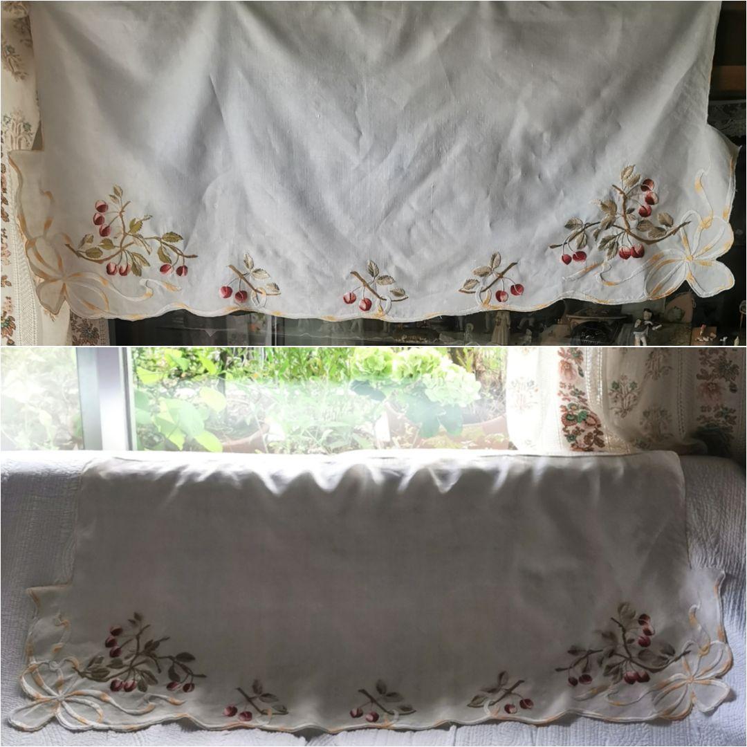 アンティークフランス チェリー＆リボン刺繍のロングクロス リネンカフェカーテン