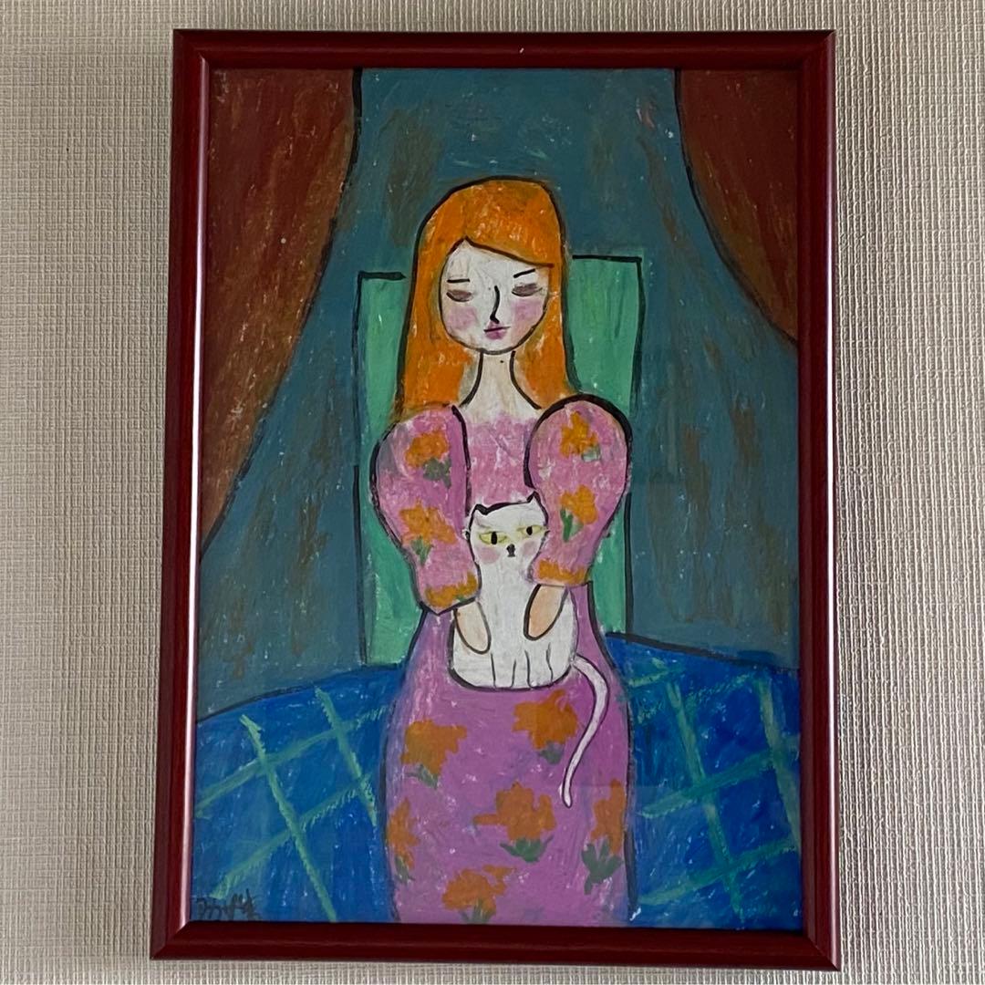 絵画。壁掛け絵原画手描き【ピンクのスカートを着て白い猫を抱いている女の子】