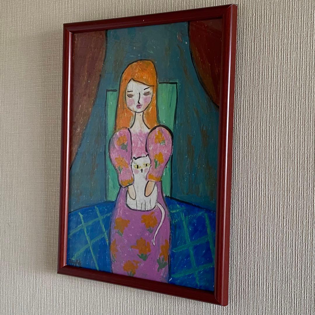 絵画。壁掛け絵原画手描き【ピンクのスカートを着て白い猫を抱いている女の子】