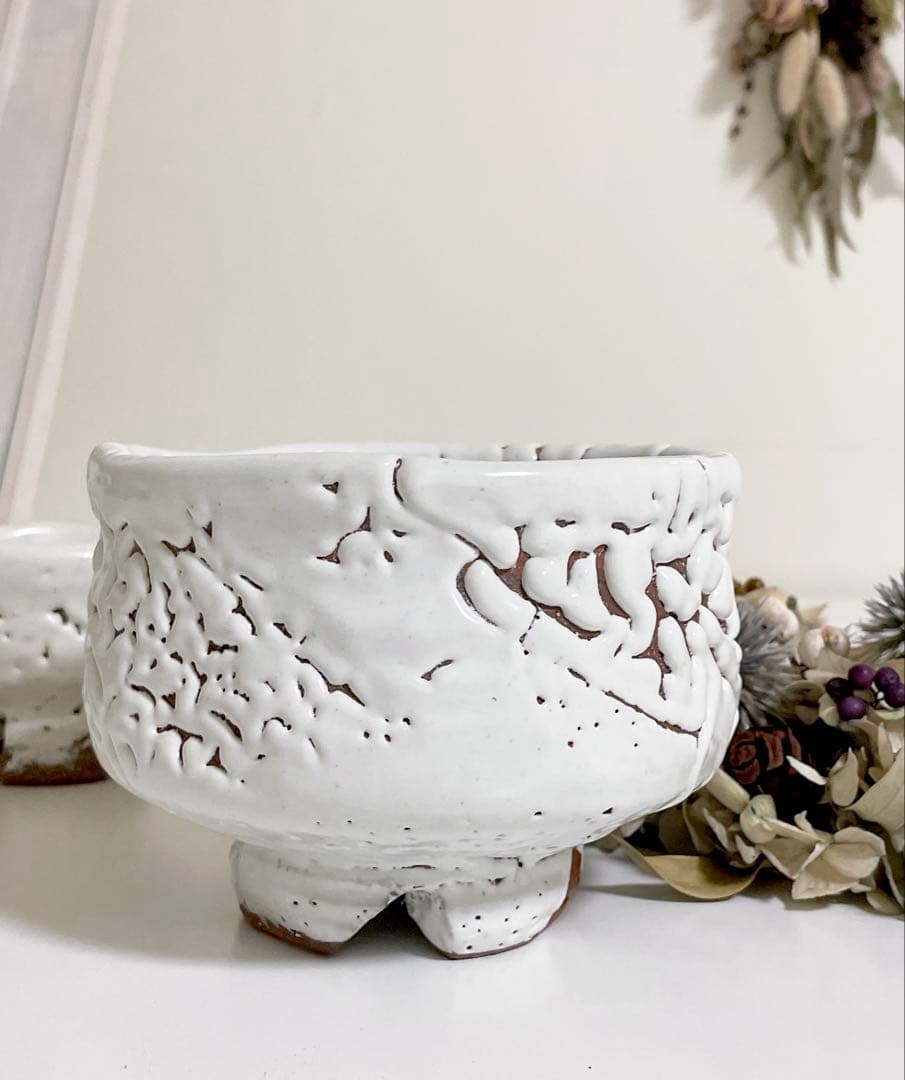萩焼　山根清玩　鬼萩　抹茶椀　新品　光彩庵　茶碗　陶器　白萩　割高台　梅花皮