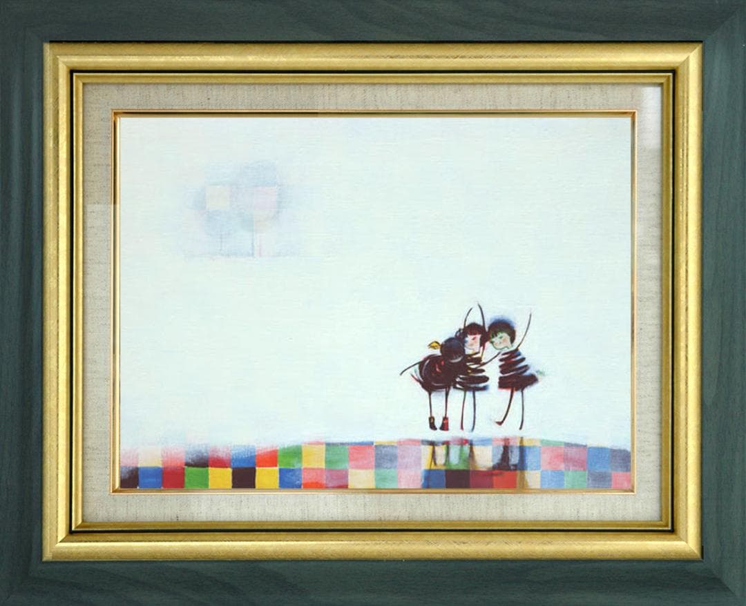 油絵 菅家令子 絵 絵画インテリア額付(青緑＋金色の枠)F4-081914女の子