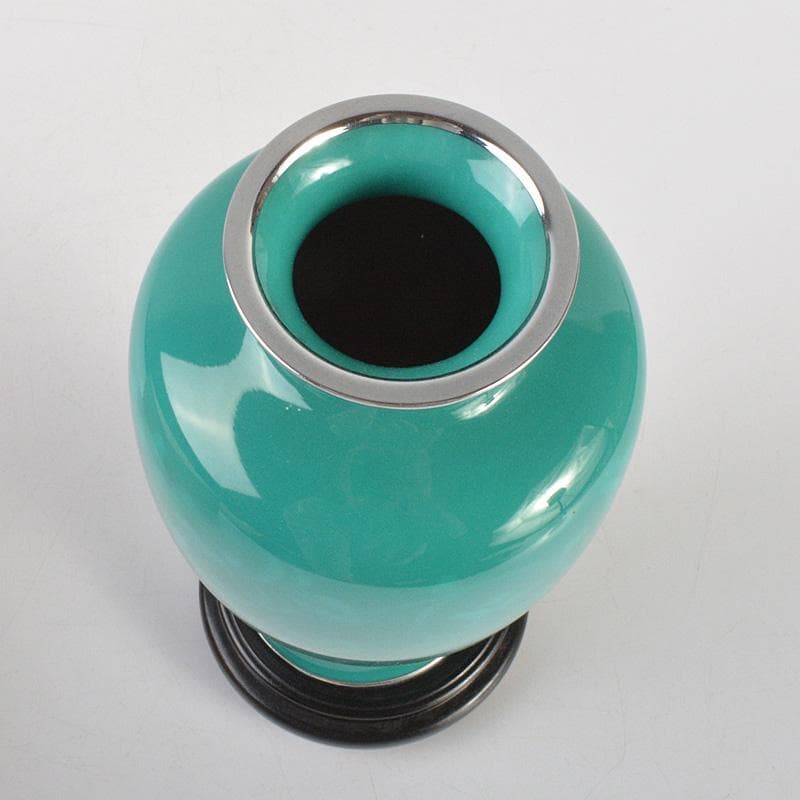 七宝焼　翡翠釉　牡丹文　花瓶　唐木台付　時代箱　C　6690