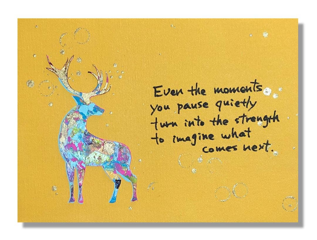 絵画　油絵　原画　一点物　鹿　イエロー　英字　ポップ　アート　プレゼント　F4