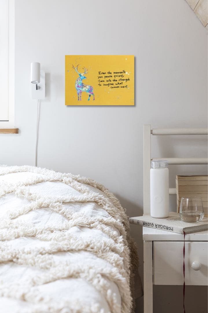 絵画　油絵　原画　一点物　鹿　イエロー　英字　ポップ　アート　プレゼント　F4