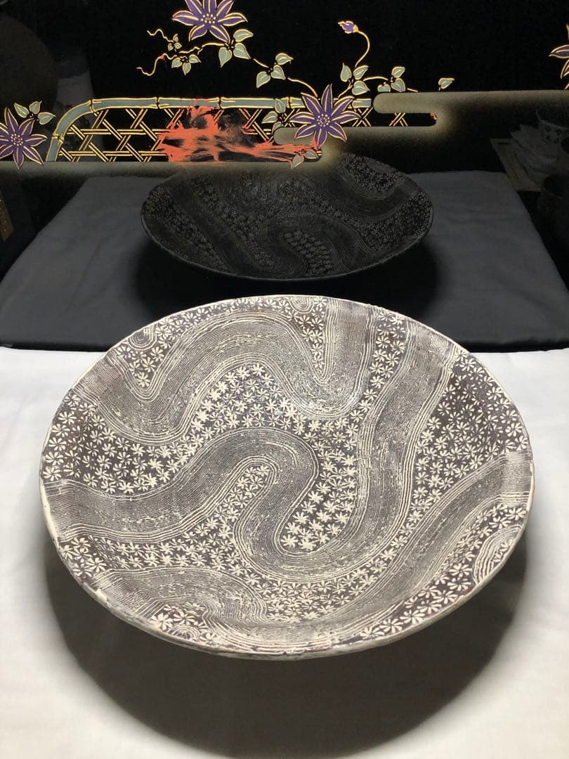 手造陶芸大盆。三島風陶芸。手造美術。茶道置物。美品。稀有。平成時代。舊家藏出。