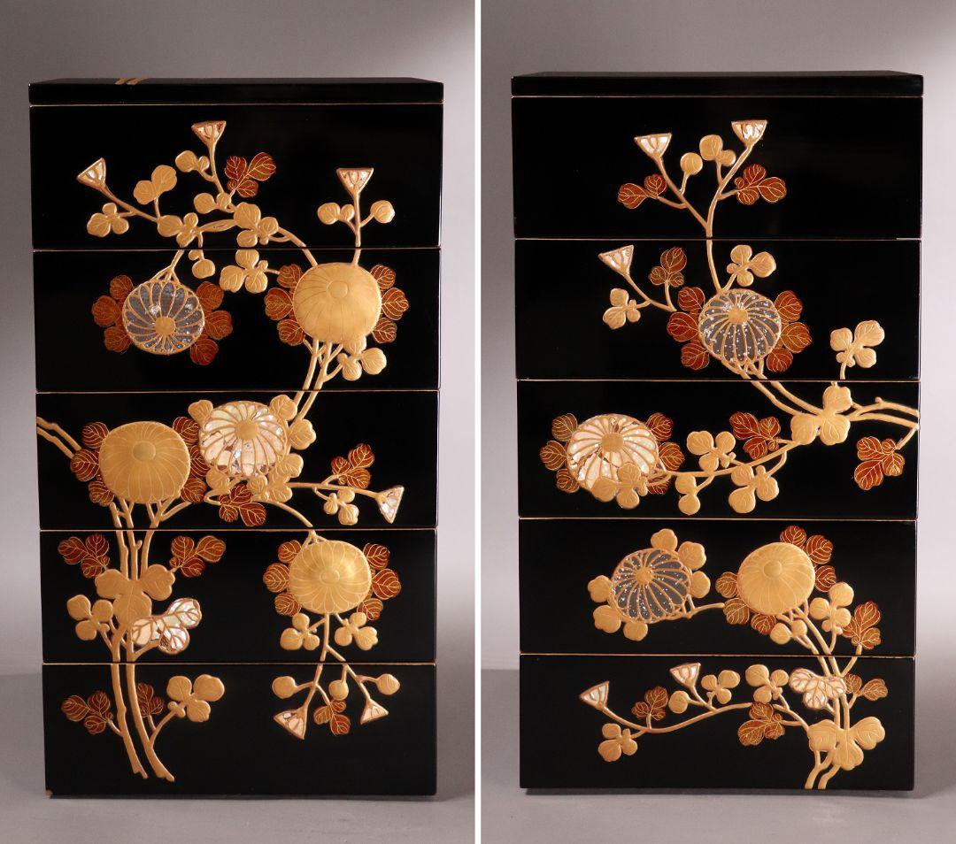 専用 MA24 時代木製漆器 光琳蒔絵 五段重 重台 菊蝶金銀蒔絵 螺鈿 黒塗