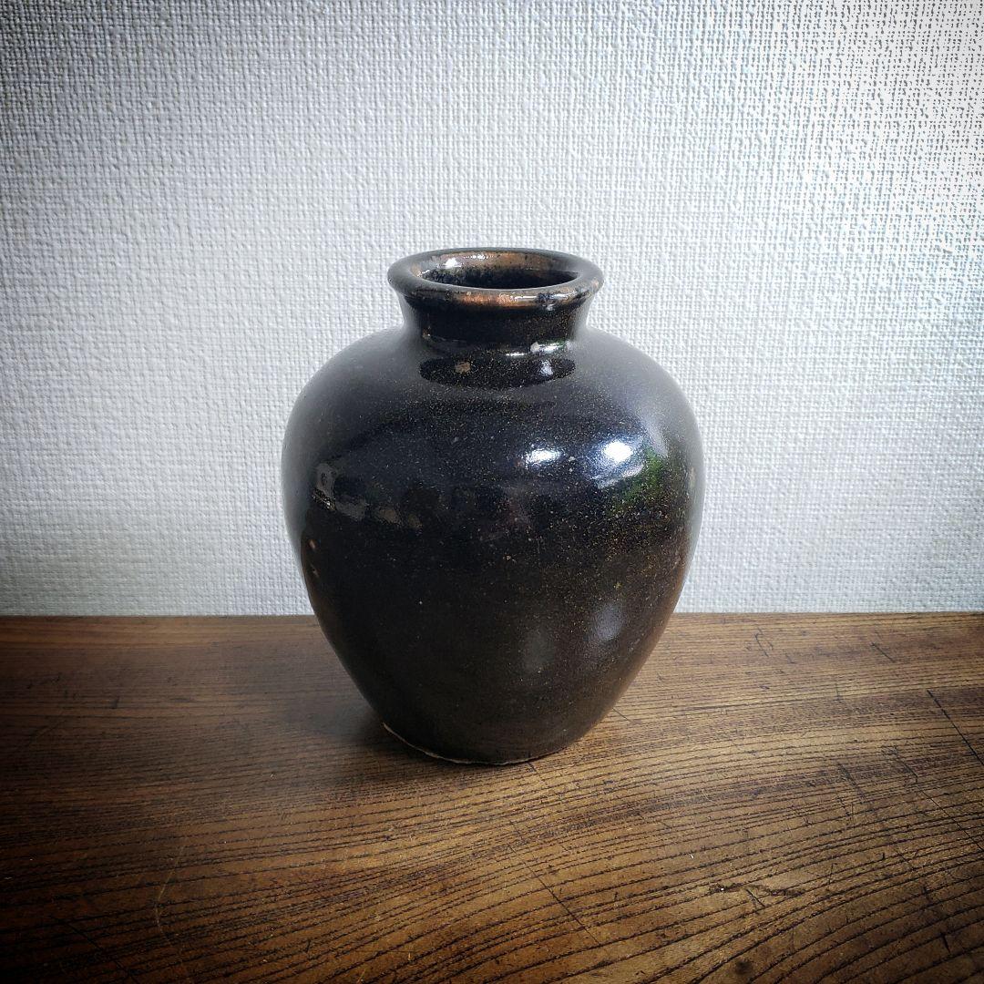 ★花器　壺　黒釉　花瓶　水壺　明治　大正