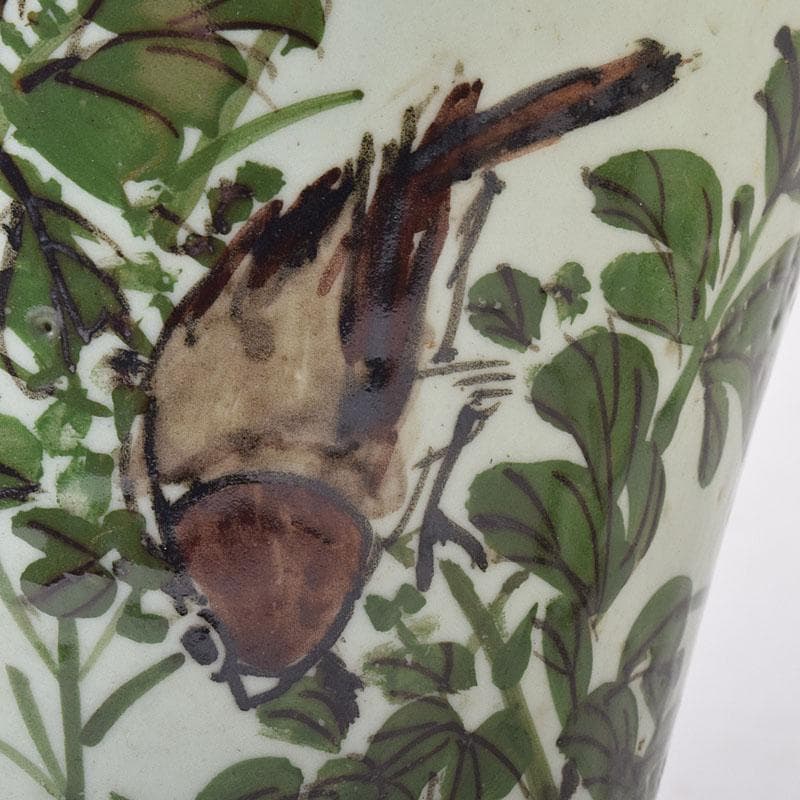 瀬戸焼　古瀬戸　青磁色絵花鳥文瓶　一対　J　R8751H