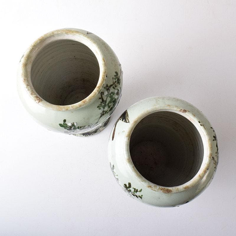 瀬戸焼　古瀬戸　青磁色絵花鳥文瓶　一対　J　R8751H