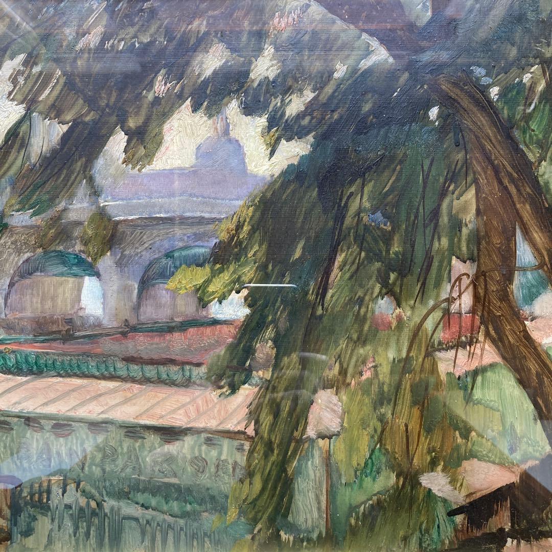 神津港人 「セーヌ湖畔」F6額約50×59絵薬31×39￼CM 古径額タトウ箱