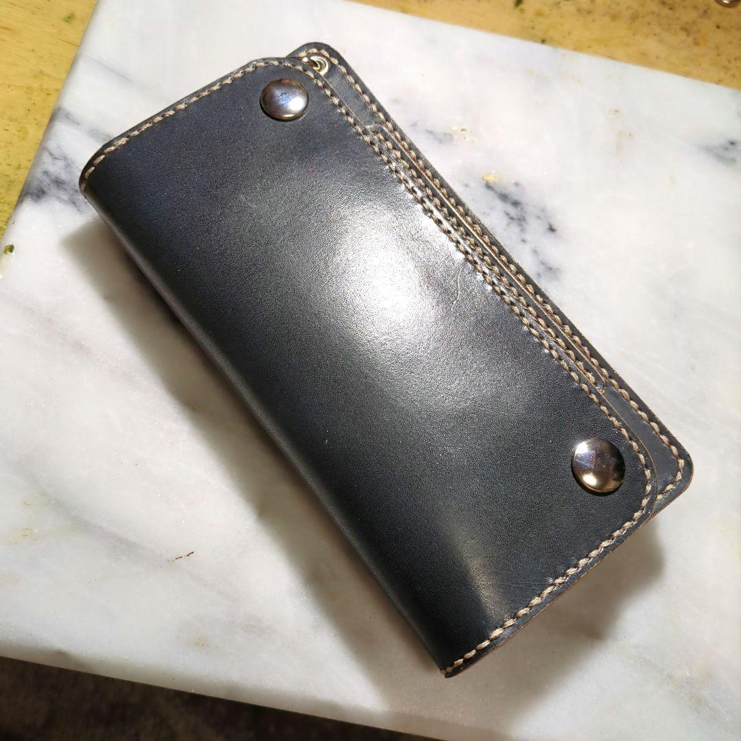 姫路ヌメ革 ハンドメイド トラッカーウォレット 長財布 ロングウォレット 黒