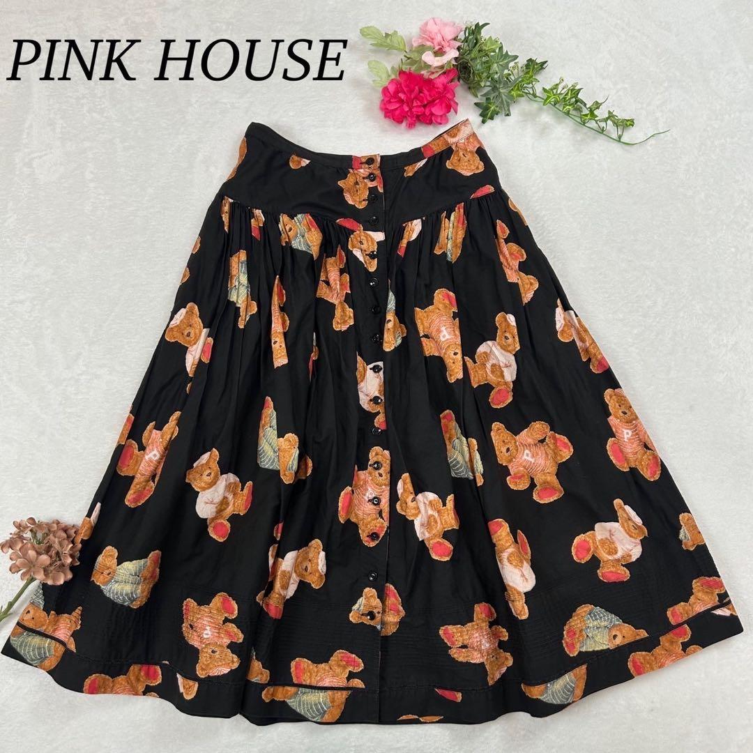 I768 美品 F ピンクハウス ひざ丈スカート ブラック レディース