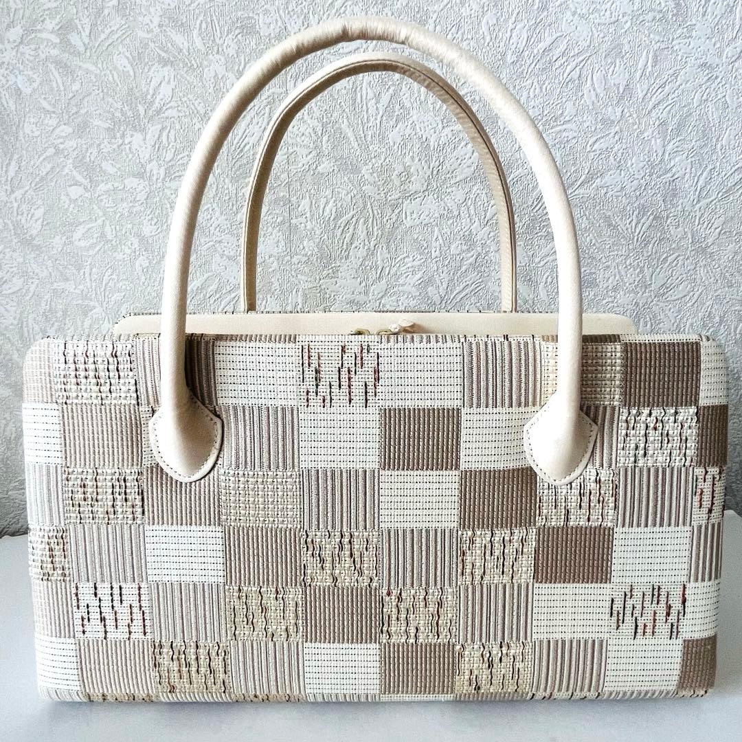 【セール✨】利休バッグ　和装バッグ　アイボリー　チェック柄　底鋲　総柄　春夏秋