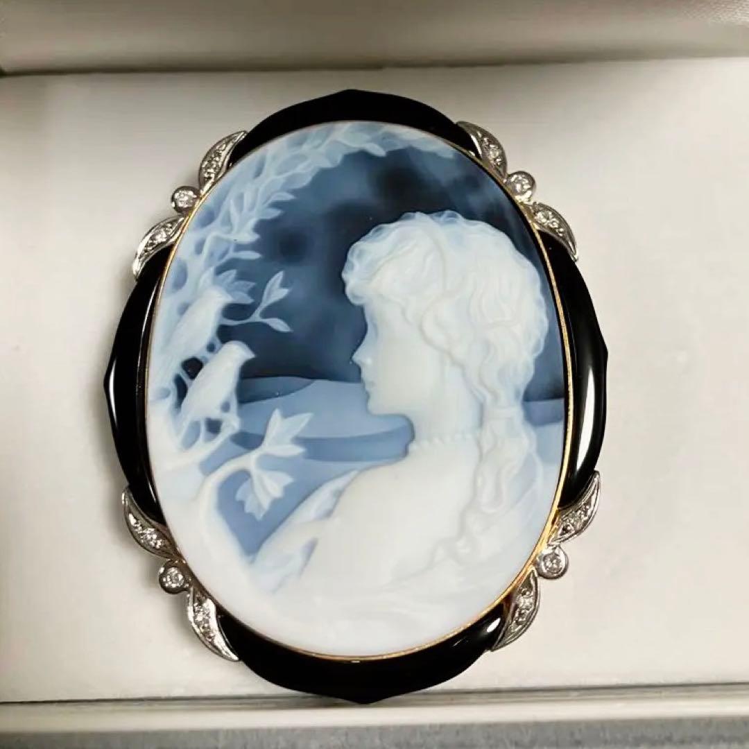 【美品】k18枠　ダイヤ12石　0.19ct ストーンカメオ　オニキス