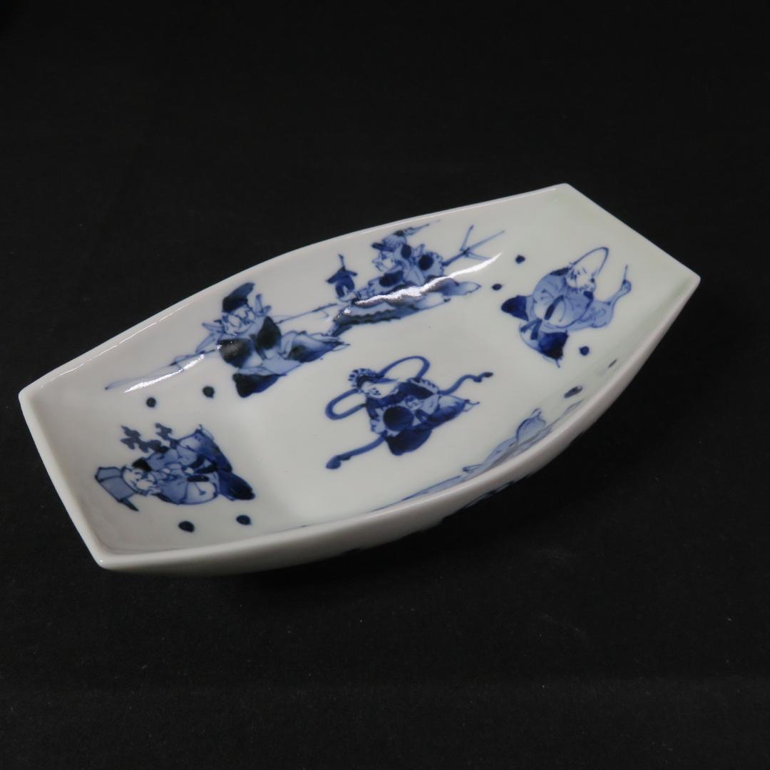 向付 染付 七福神 5客 明治 大正 昭和初期 銘 変形皿 小皿 その2