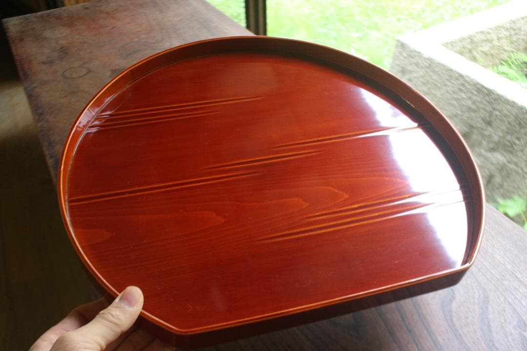専用！優美な拭き漆の映える春慶塗の半月盆4点（検漆器漆盆茶道具お盆お膳