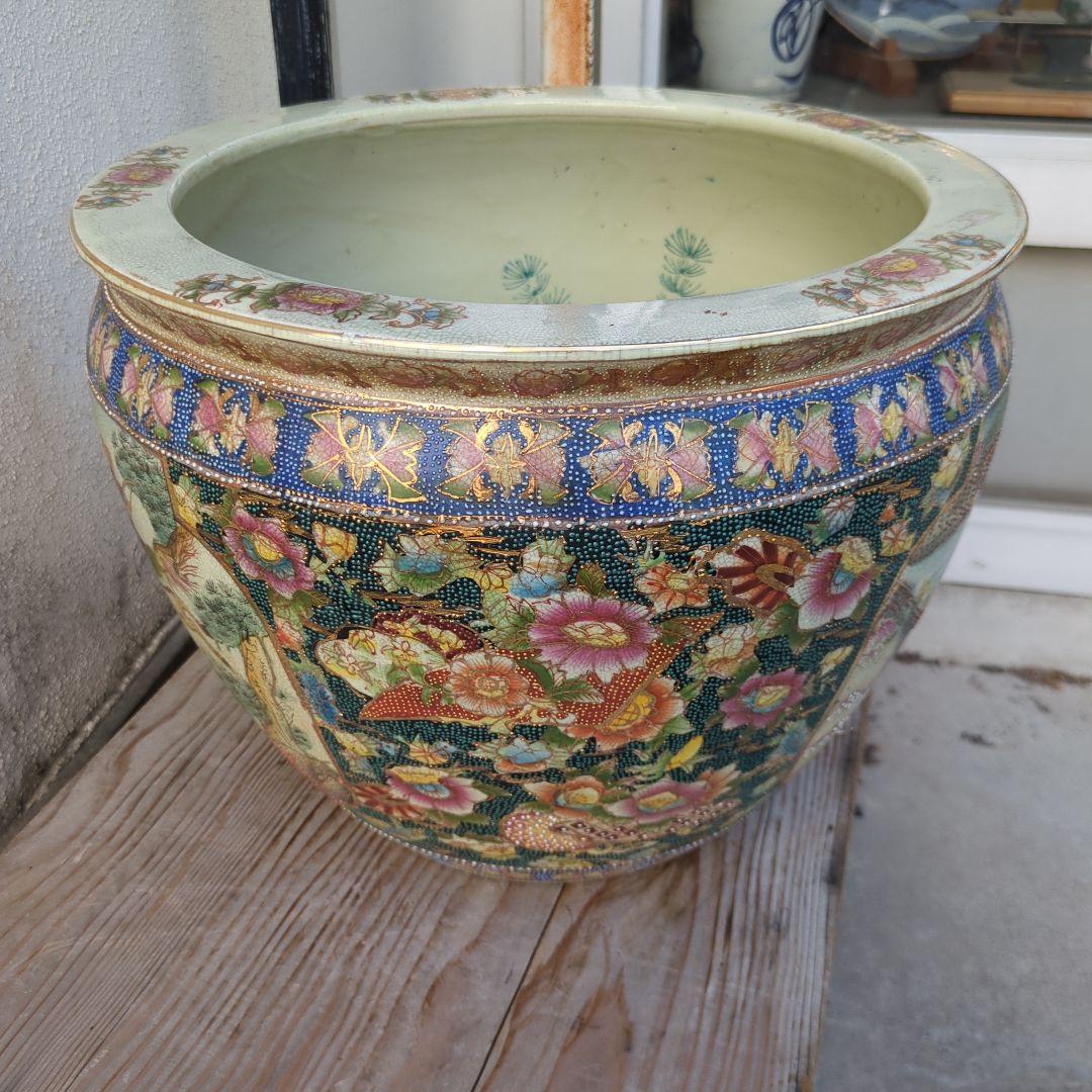 骨董 睡蓮鉢 水鉢 金魚 めだか 色絵 鉢 鉢カバー テーブル アンティーク