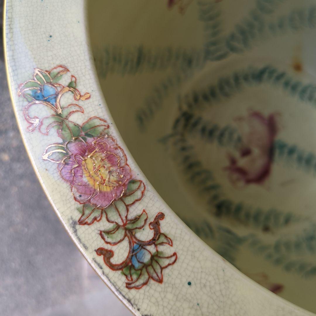 骨董 睡蓮鉢 水鉢 金魚 めだか 色絵 鉢 鉢カバー テーブル アンティーク