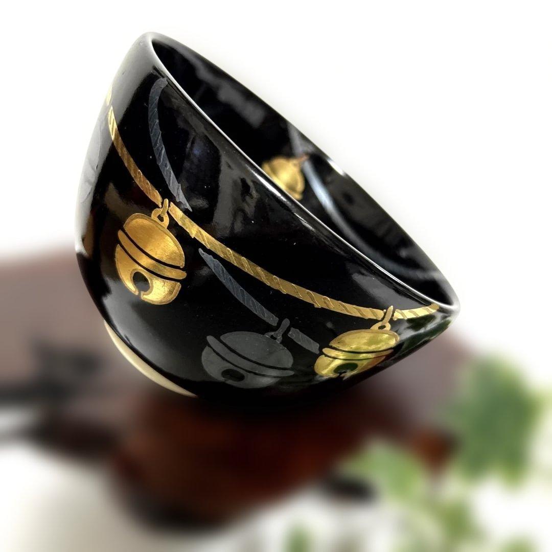 未使用　清水焼　京焼　通次阿山 黒釉　金銀鈴模様 抹茶茶碗　茶道　茶道具