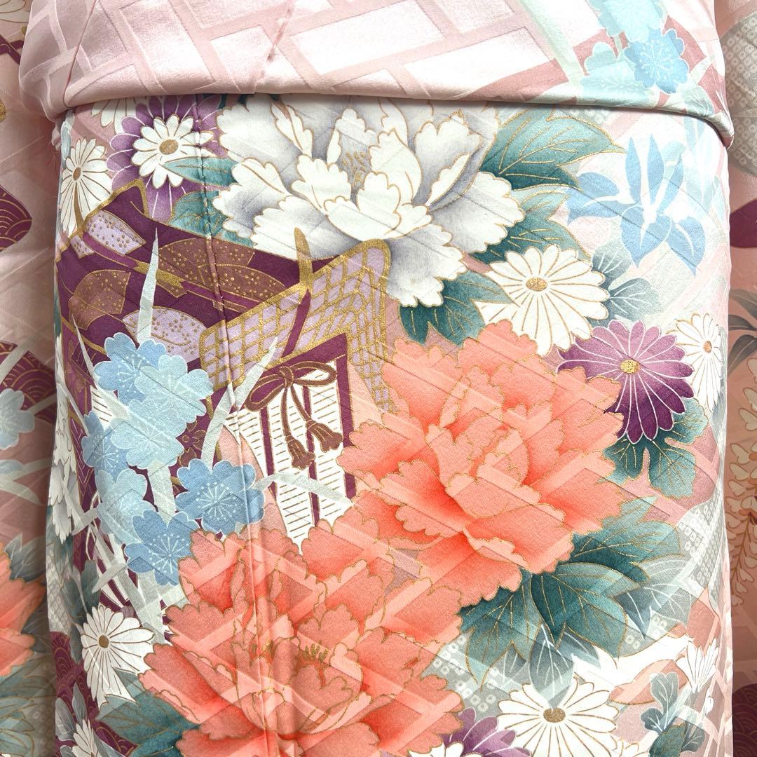 481 振袖フルセット 正絹 薄ピンク 薄桃 金彩 華やか 御所車 藤 牡丹 梅