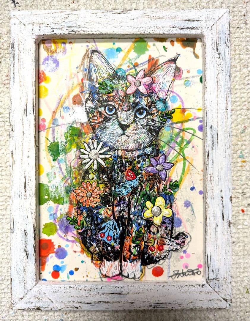 10000円→8000円❗️手作り額付き作品　title「晴れ晴れニャンコ」