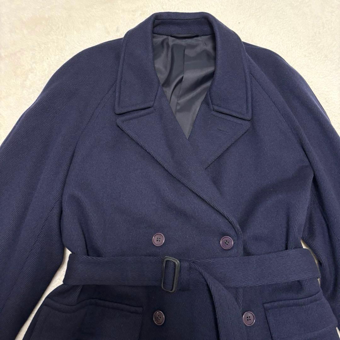 リングヂャケット ヘリンボーン ロング丈 ダブルチェスターコート L ネイビー