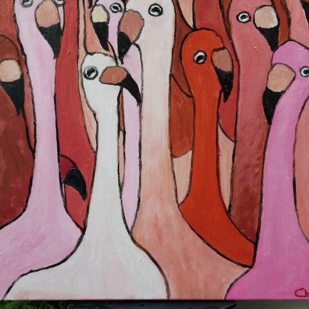 油絵　マミ　仲良く集まる首の長い鳥たち　密は楽し