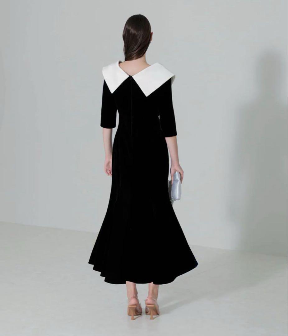 【LEJA】アシンメトリービッグカラーベロアマーメイドワンピースドレス Mサイズ