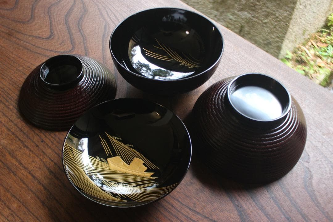 デッドストック！風情ある千筋糸目に極上宝船蒔絵の映える煮物椀2点（検輪島塗雑煮椀