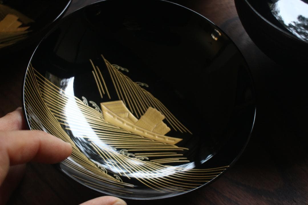 デッドストック！風情ある千筋糸目に極上宝船蒔絵の映える煮物椀2点（検輪島塗雑煮椀