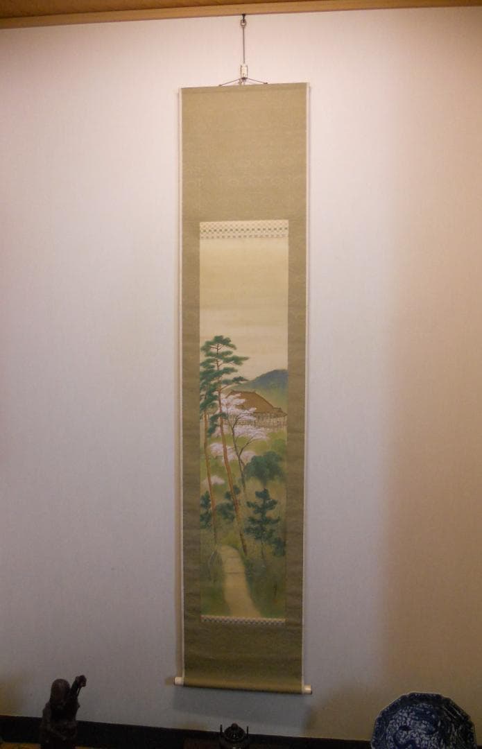 掛け軸 峰嶺 作 『 清水之桜 』 絹本 希少 軸装 茶道具 掛軸 です。