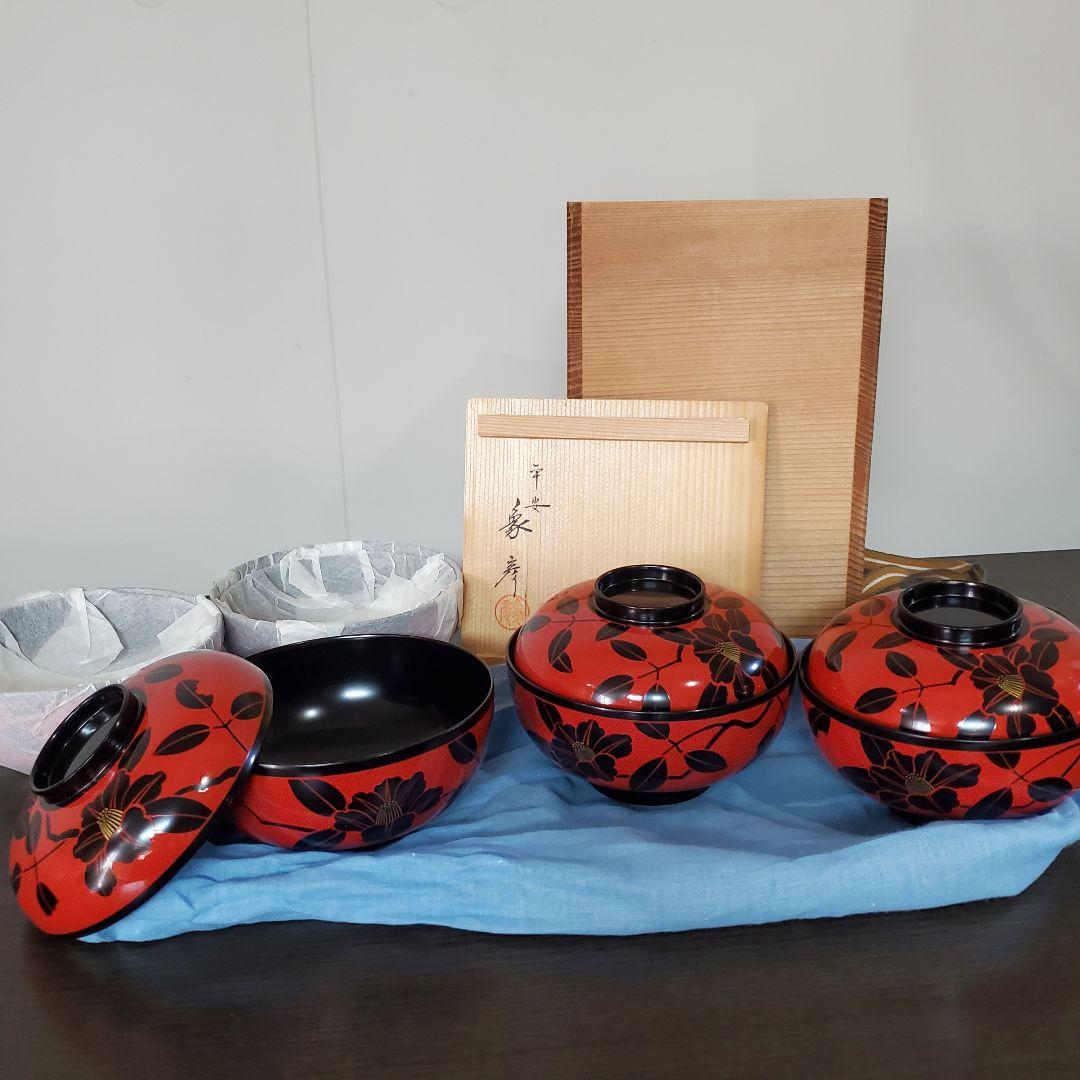 京漆匠 象彦 吸物椀 5客 椿 共箱付き